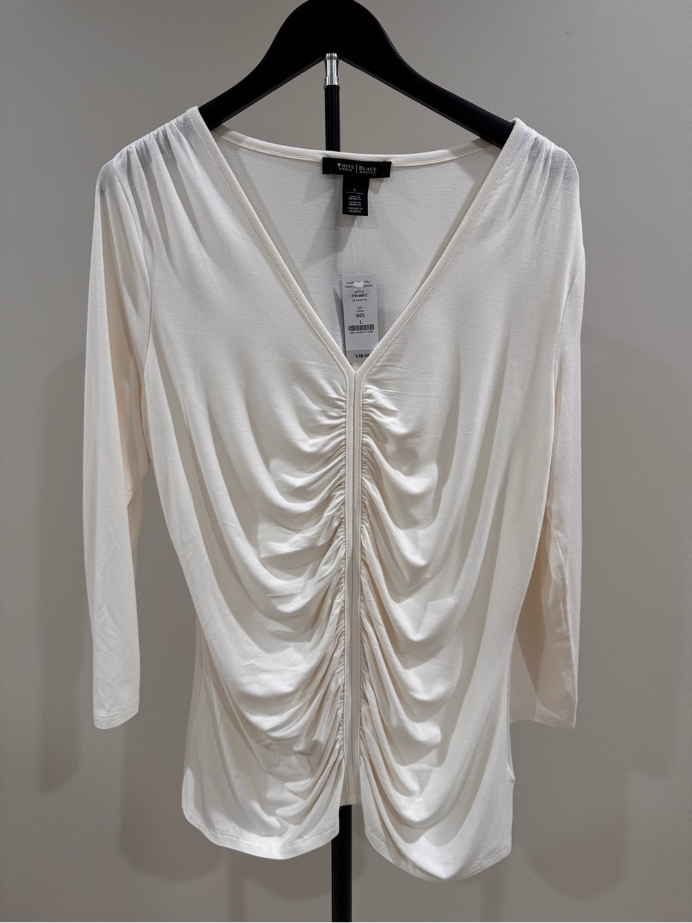 White House Black Market Cream Gathered Front V-Neck Long Sleeve Top